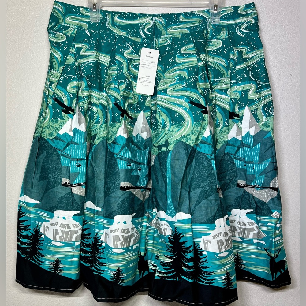 A-line Skirt with pockets pleated Winter mountain scene cotton Size XXL